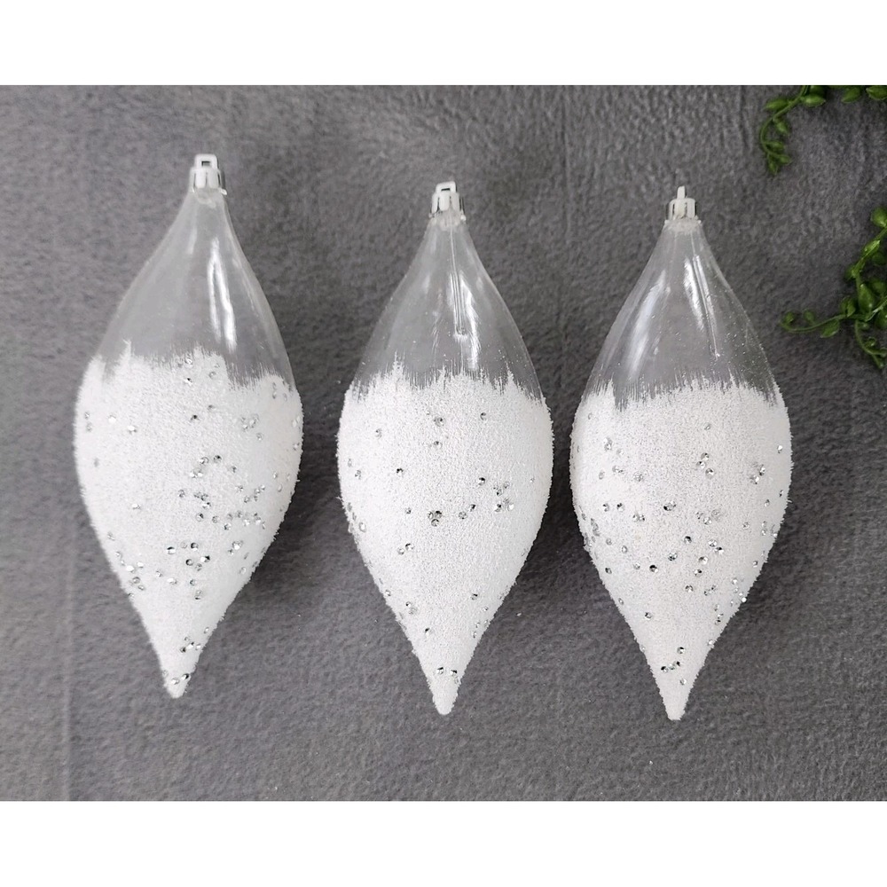White Silver Glitter Teardrop Christmas Tree Ornaments Clear 7" Plastic 3 Pc‎